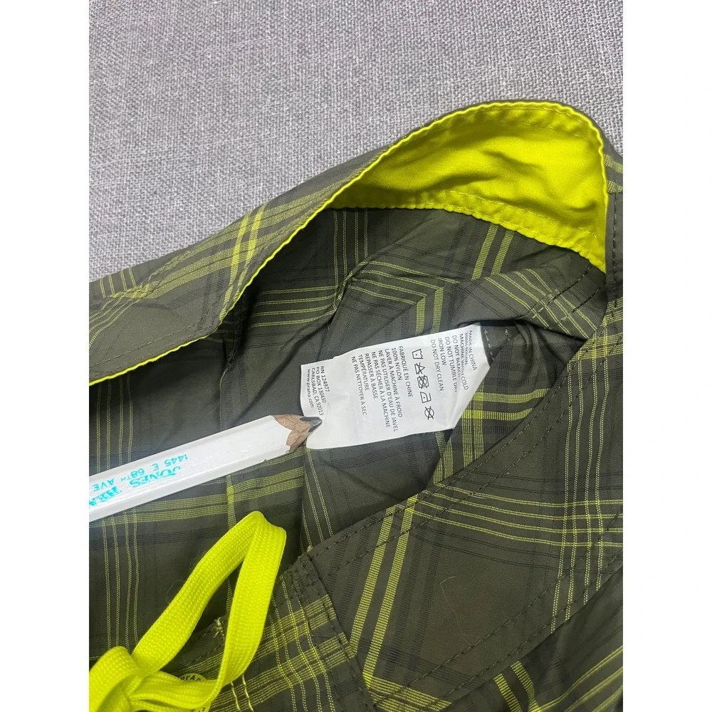 Prana Mens Board Shorts 36 Green Yellow Plaid Swim Trunks UPF 50+ RN 124977